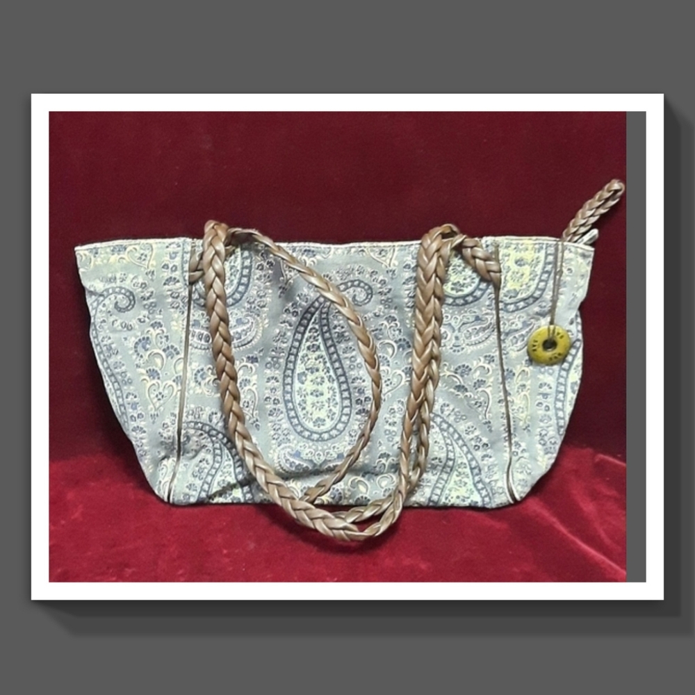 The Sak Beige Paisley Shoulder Tote with Brown Braided Straps
